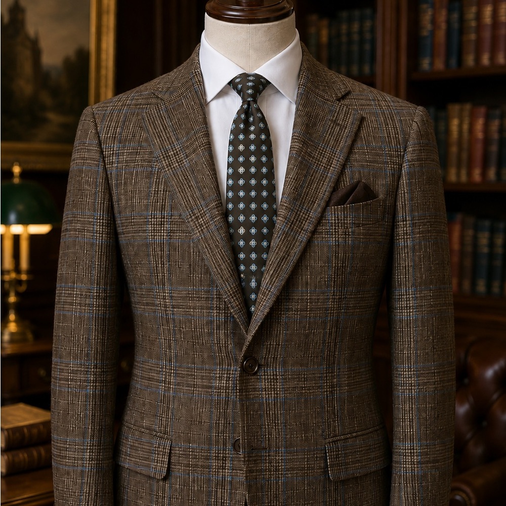 Kiton Brown Windowpane Wool Sport Coat with Blue Check